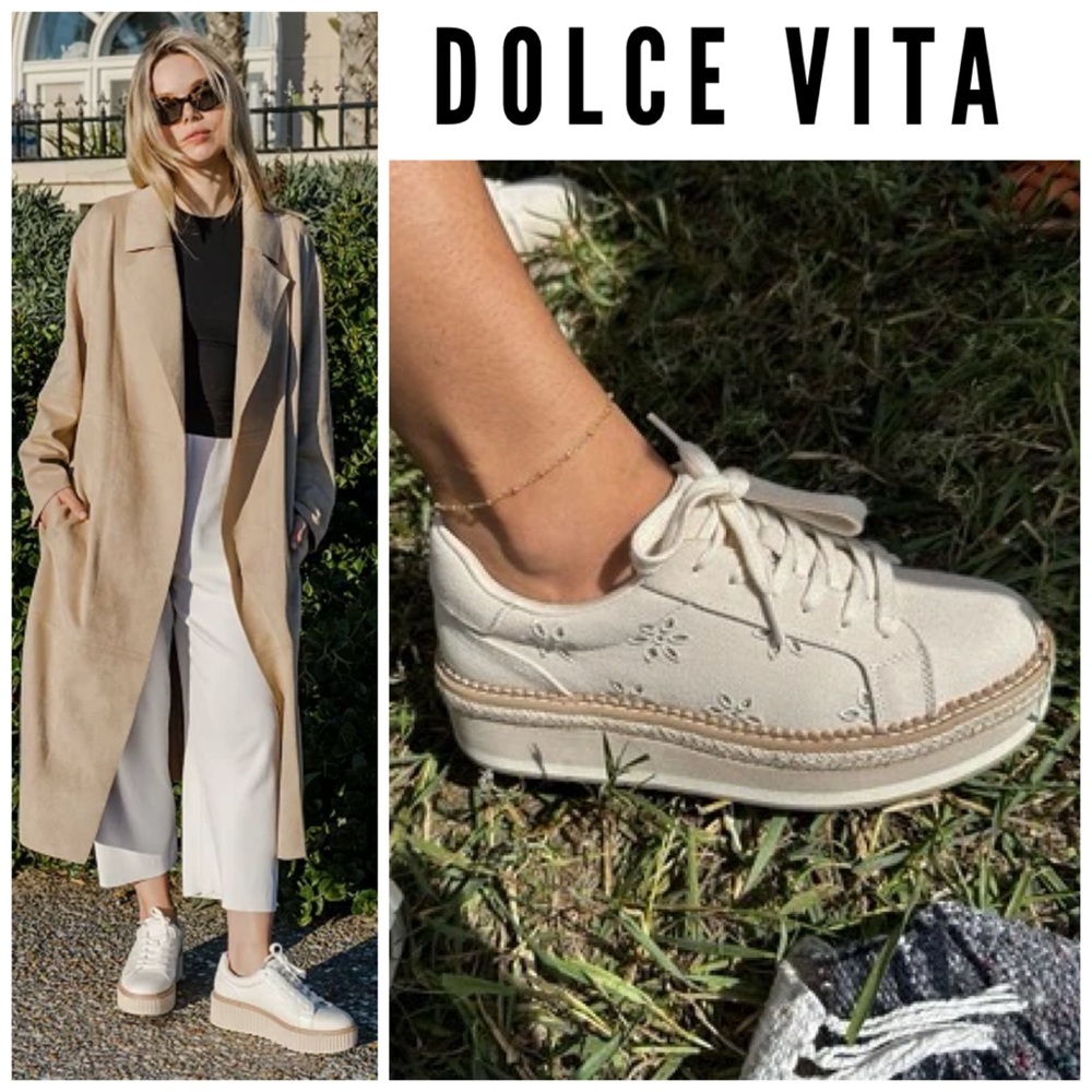 NEW Dolce Vita Bliss Bubbles Lace-Up Beige Embroidered Platform Sneakers 9.5 NEW